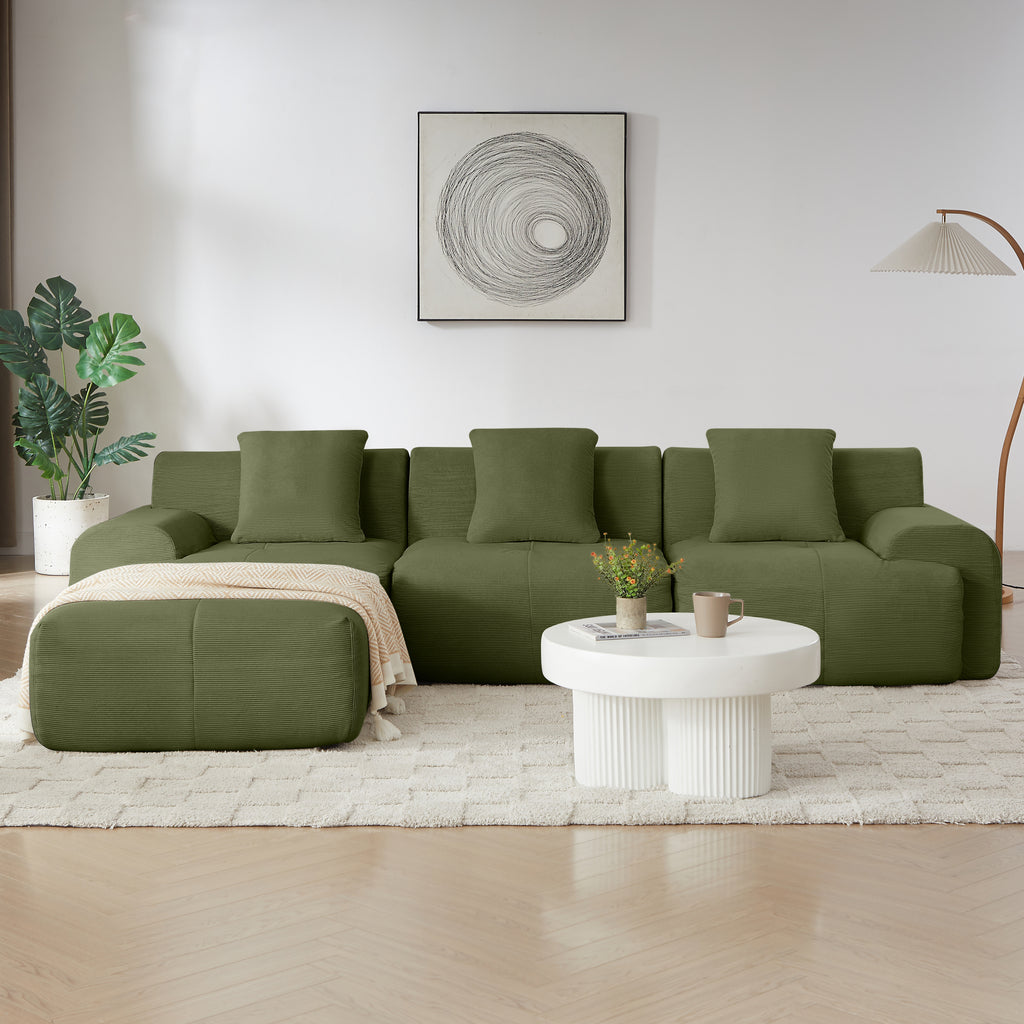 113' Modern L-Shaped Modular Sectional Sofa for Living Room, Corduroy Upholstery Green, Oversized 3-Seater Couch with Deep Seat and Movable Ottoman – No Assembly