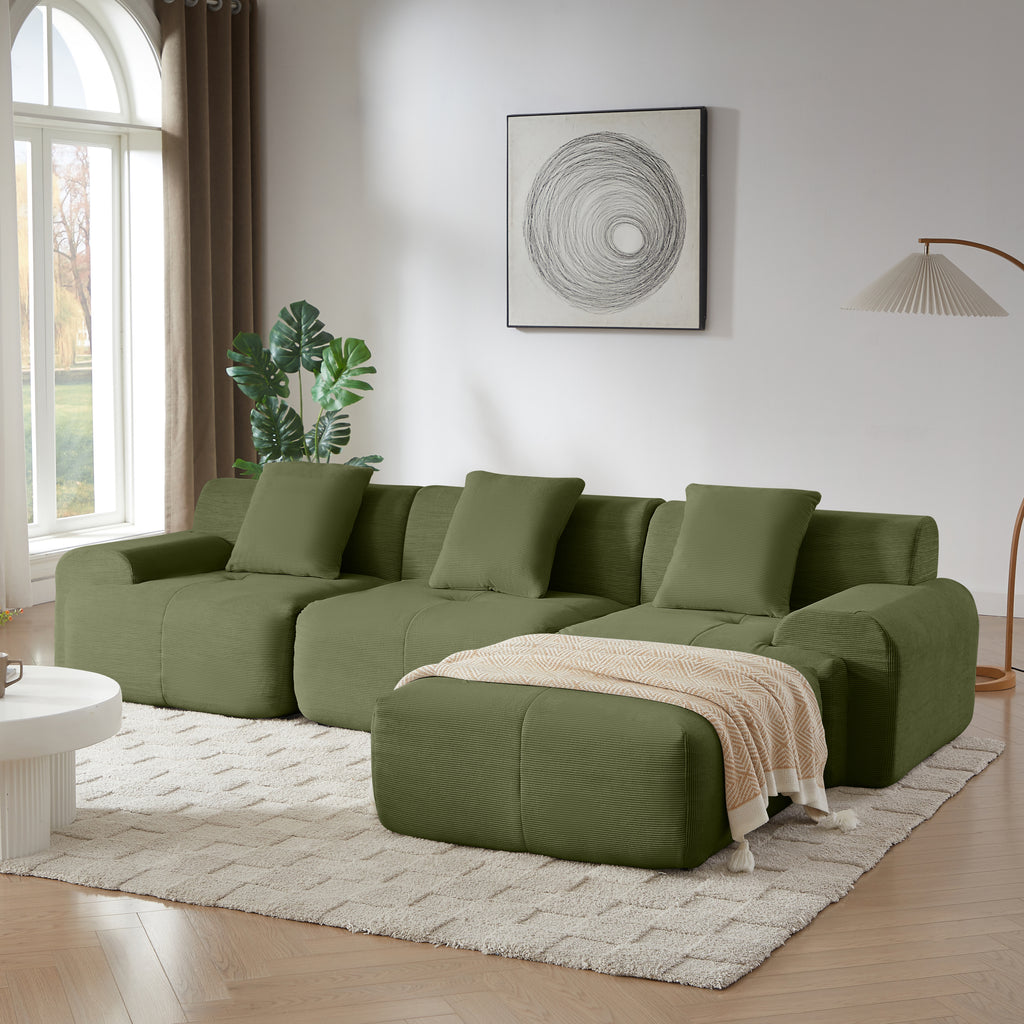 113' Modern L-Shaped Modular Sectional Sofa for Living Room, Corduroy Upholstery Green, Oversized 3-Seater Couch with Deep Seat and Movable Ottoman – No Assembly