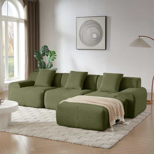 113' Modern L-Shaped Modular Sectional Sofa for Living Room, Corduroy Upholstery Green, Oversized 3-Seater Couch with Deep Seat and Movable Ottoman – No Assembly