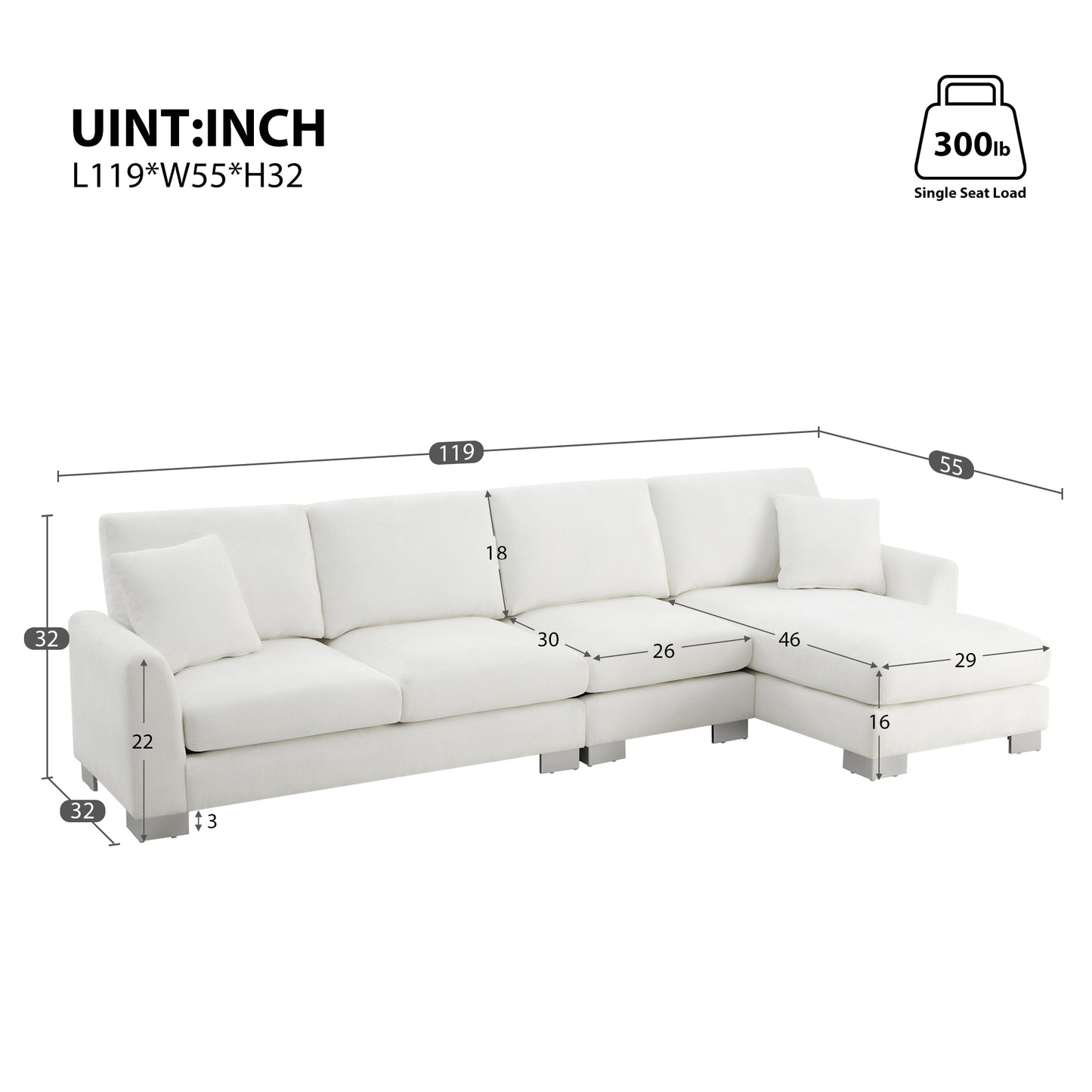 [VIDEO provided] [New] 119*55" Modern Oversized Sectional Sofa,L-shaped Luxury Couch Set with 2 Free pillows,5-seat Chenille Indoor Furniture with Chaise for Living Room,Apartment,Office,2 Colors