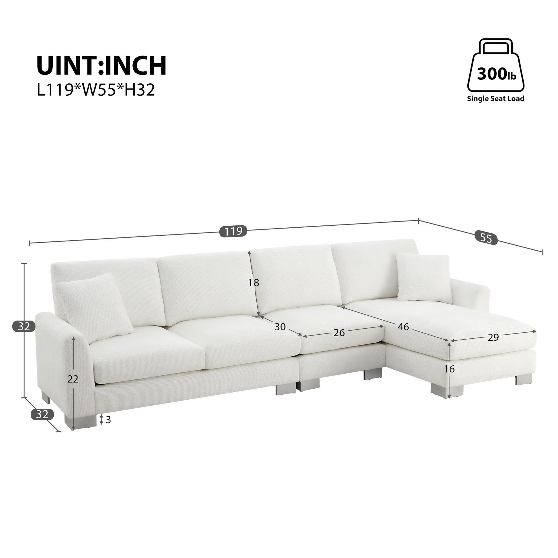 [VIDEO provided] [New] 119*55" Modern Oversized Sectional Sofa,L-shaped Luxury Couch Set with 2 Free pillows,5-seat Chenille Indoor Furniture with Chaise for Living Room,Apartment,Office,2 Colors