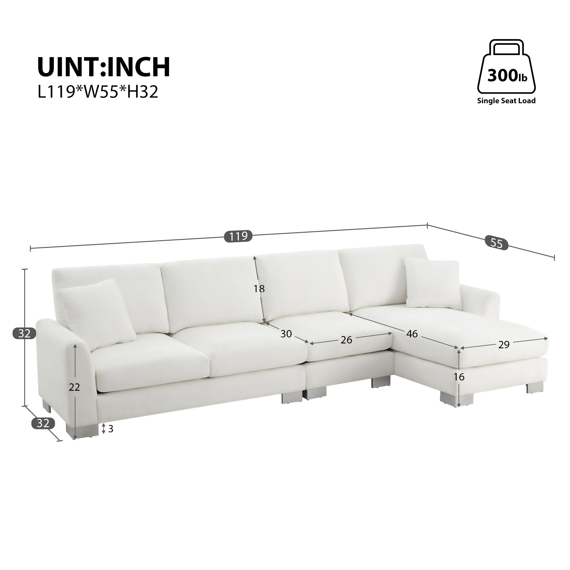 [VIDEO provided] [New] 119*55" Modern Oversized Sectional Sofa,L-shaped Luxury Couch Set with 2 Free pillows,5-seat Chenille Indoor Furniture with Chaise for Living Room,Apartment,Office,2 Colors