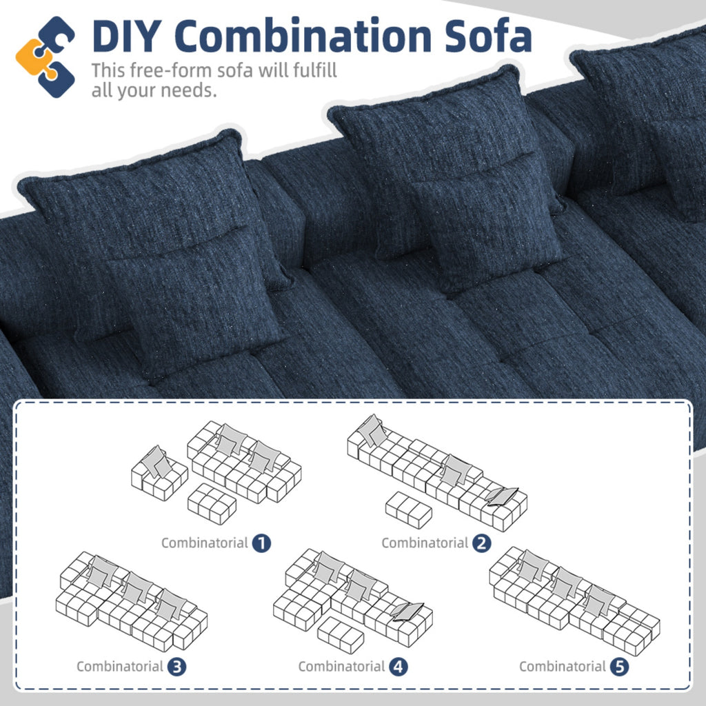 Modern Oversized Modular Sectional Sofa,Sparkling Chenille Fabric Soft Cushion Sofa with 6 Pillows,6 PCS DIY Combination Tufted Sofa,No Assembly Required,BLUE