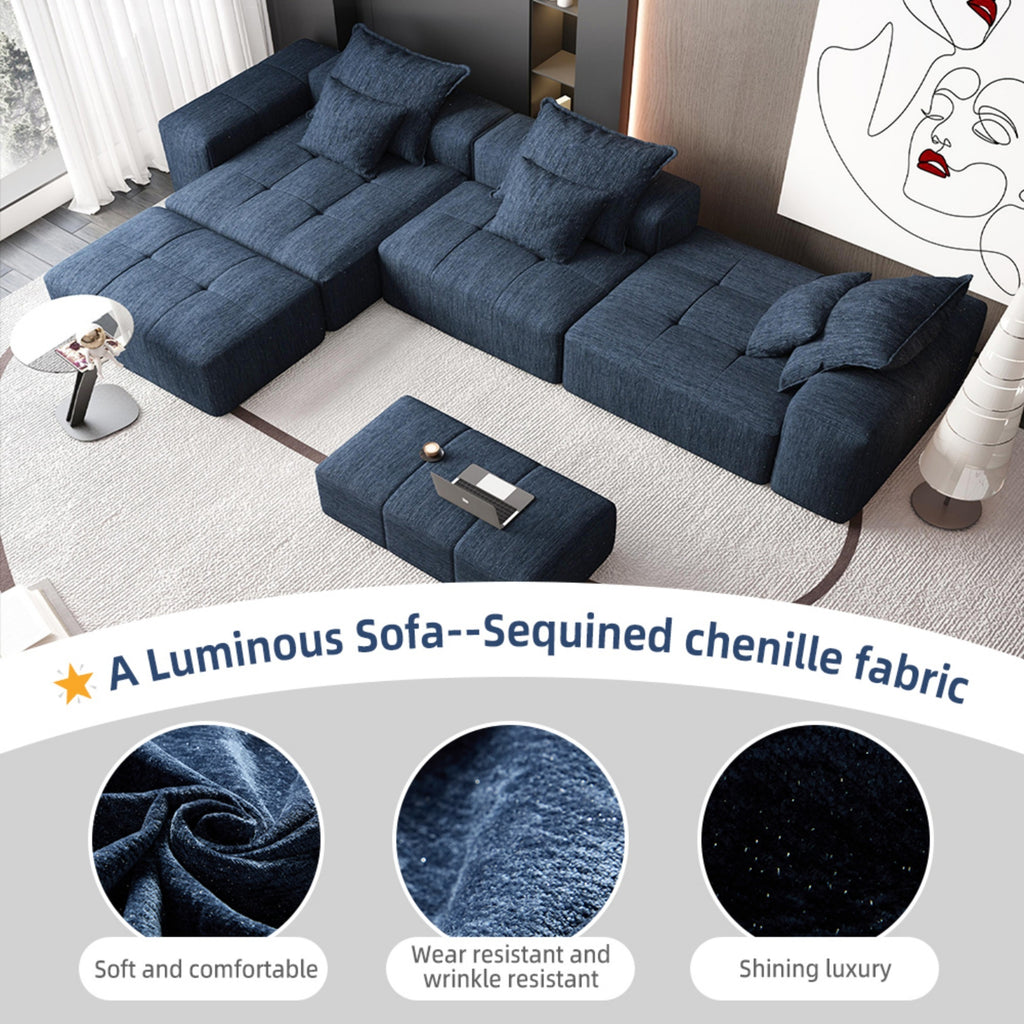 Modern Oversized Modular Sectional Sofa,Sparkling Chenille Fabric Soft Cushion Sofa with 6 Pillows,6 PCS DIY Combination Tufted Sofa,No Assembly Required,BLUE