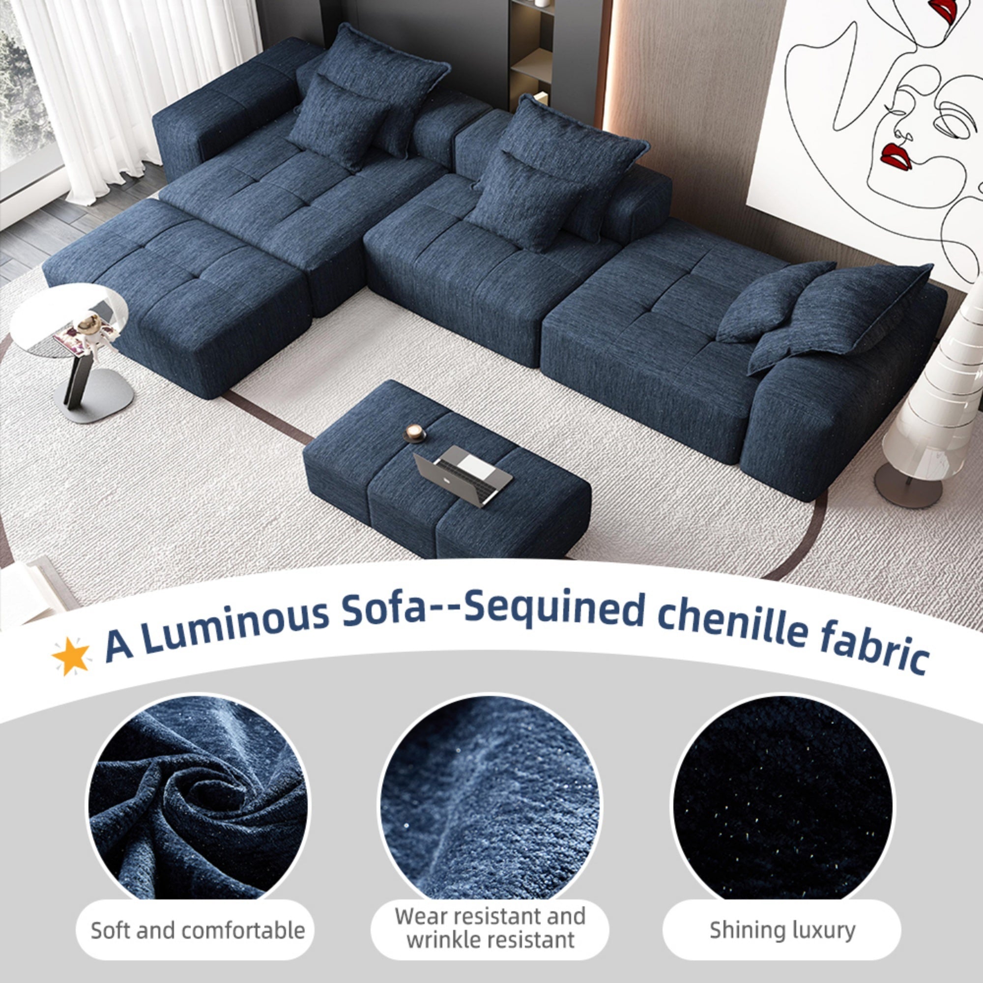 Modern Oversized Modular Sectional Sofa,Sparkling Chenille Fabric Soft Cushion Sofa with 6 Pillows,6 PCS DIY Combination Tufted Sofa,No Assembly Required,BLUE