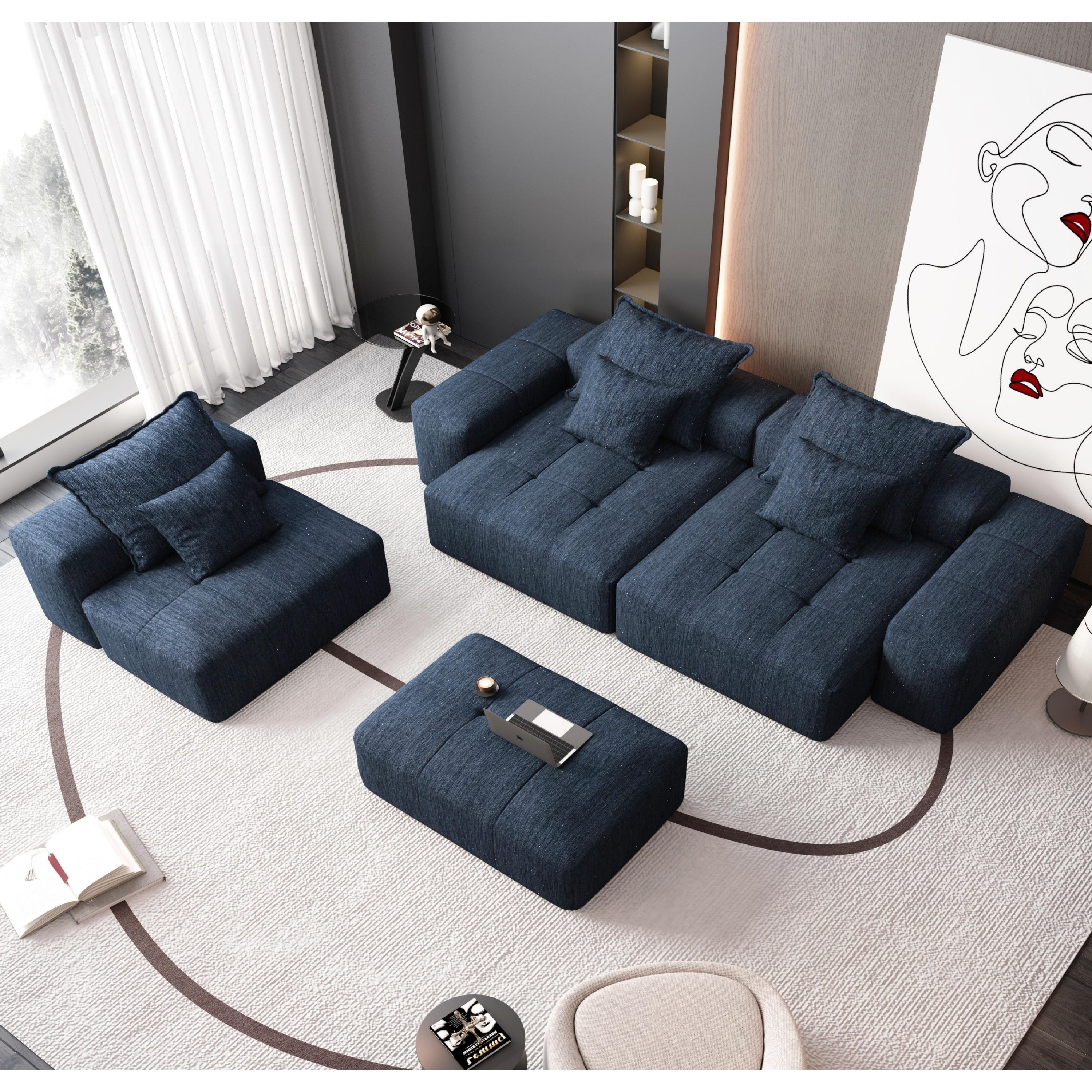 Modern Oversized Modular Sectional Sofa,Sparkling Chenille Fabric Soft Cushion Sofa with 6 Pillows,6 PCS DIY Combination Tufted Sofa,No Assembly Required,BLUE