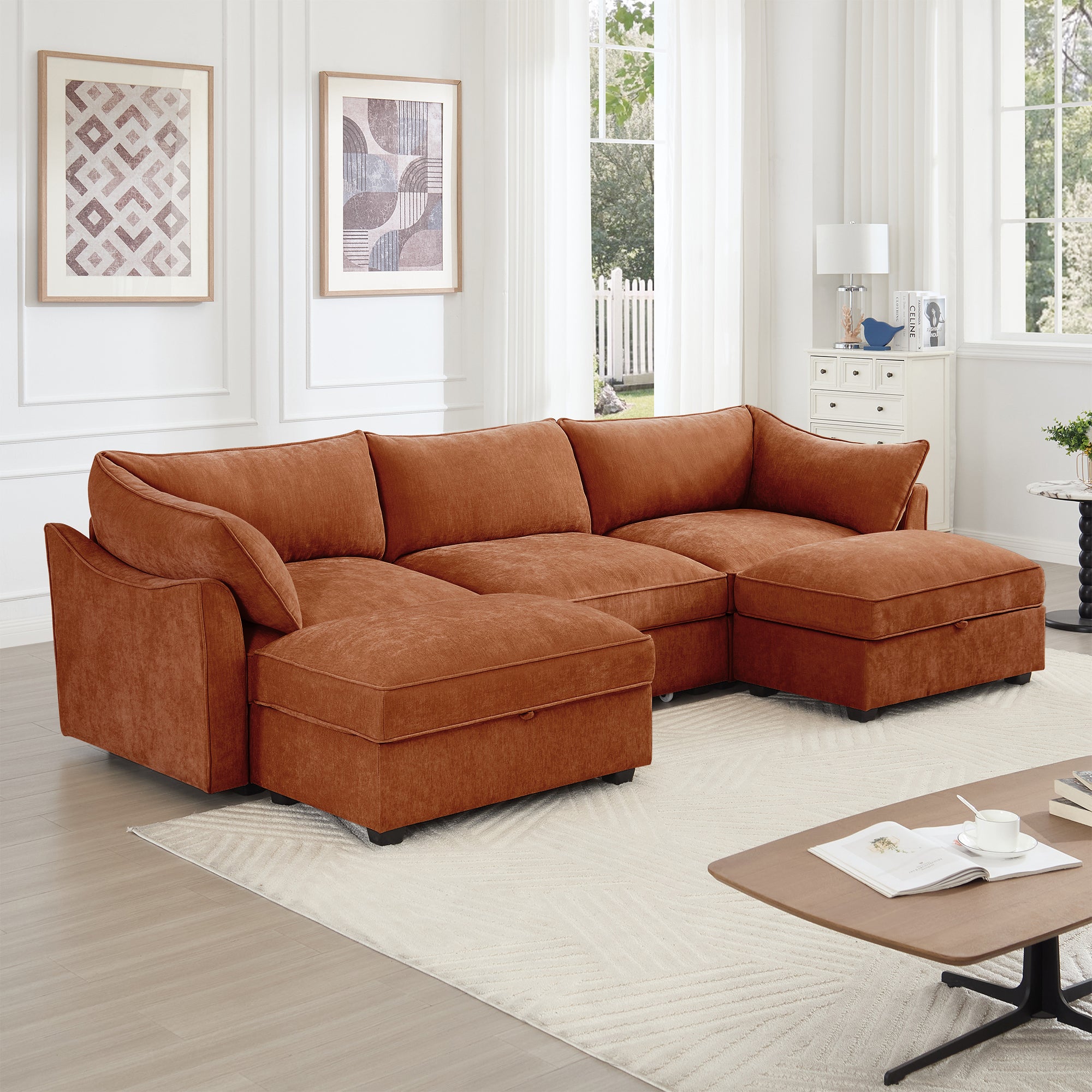 U Shape 3 Seater Deep Seat Sofa Couch with Ottomans,3-Seat Sofa with with 2 Movable Ottomans, Oversized Modular Sectional Sofa with Storage Pull out Drawer Under Each Seat,Chenille Orange