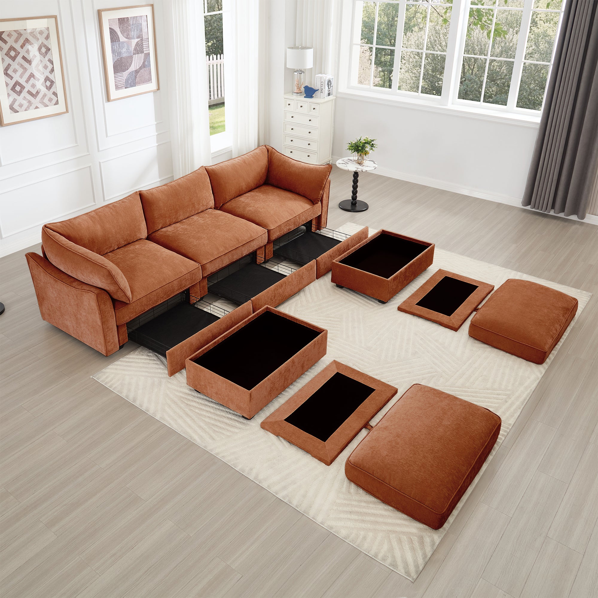 U Shape 3 Seater Deep Seat Sofa Couch with Ottomans,3-Seat Sofa with with 2 Movable Ottomans, Oversized Modular Sectional Sofa with Storage Pull out Drawer Under Each Seat,Chenille Orange