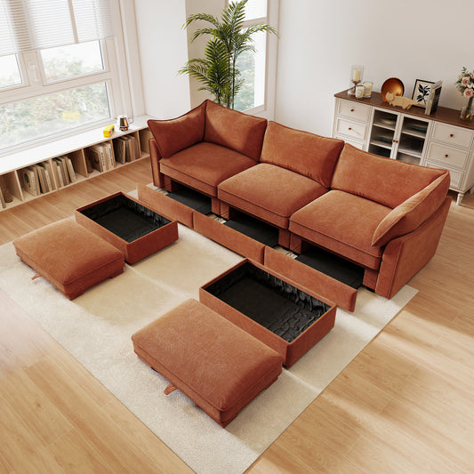 U Shape 3 Seater Deep Seat Sofa Couch with Ottomans,3-Seat Sofa with with 2 Movable Ottomans, Oversized Modular Sectional Sofa with Storage Pull out Drawer Under Each Seat,Chenille Orange