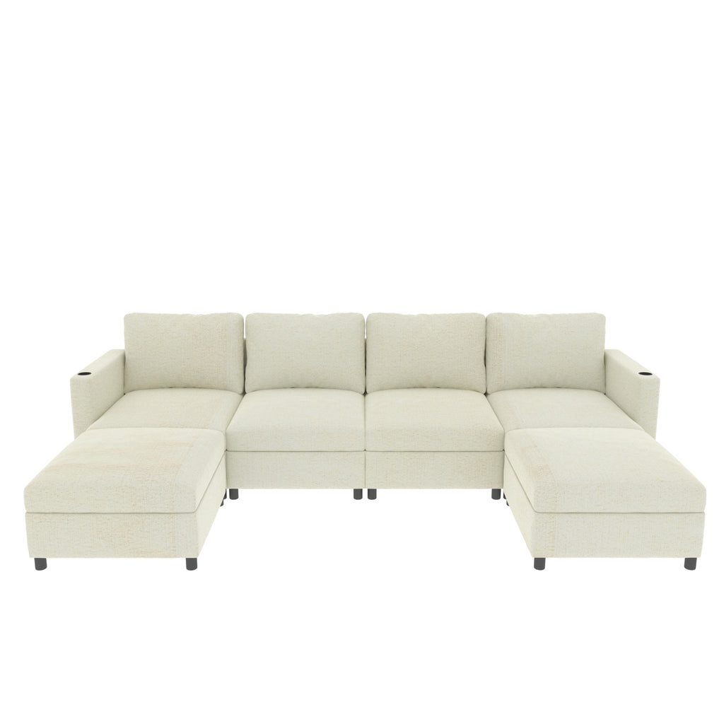 Modern Oversized Sectional Sofa, U-Shape Modular Sectional Couch w/ Storage, 123 Convertible Sofa w/ Ottomans, 6-Seater Sectional Chaise for Living Room, White Chenille