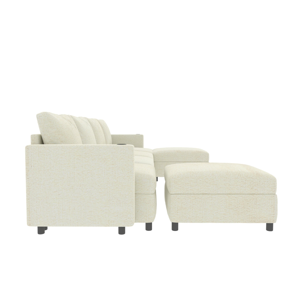 Modern Oversized Sectional Sofa, U-Shape Modular Sectional Couch w/ Storage, 123 Convertible Sofa w/ Ottomans, 6-Seater Sectional Chaise for Living Room, White Chenille