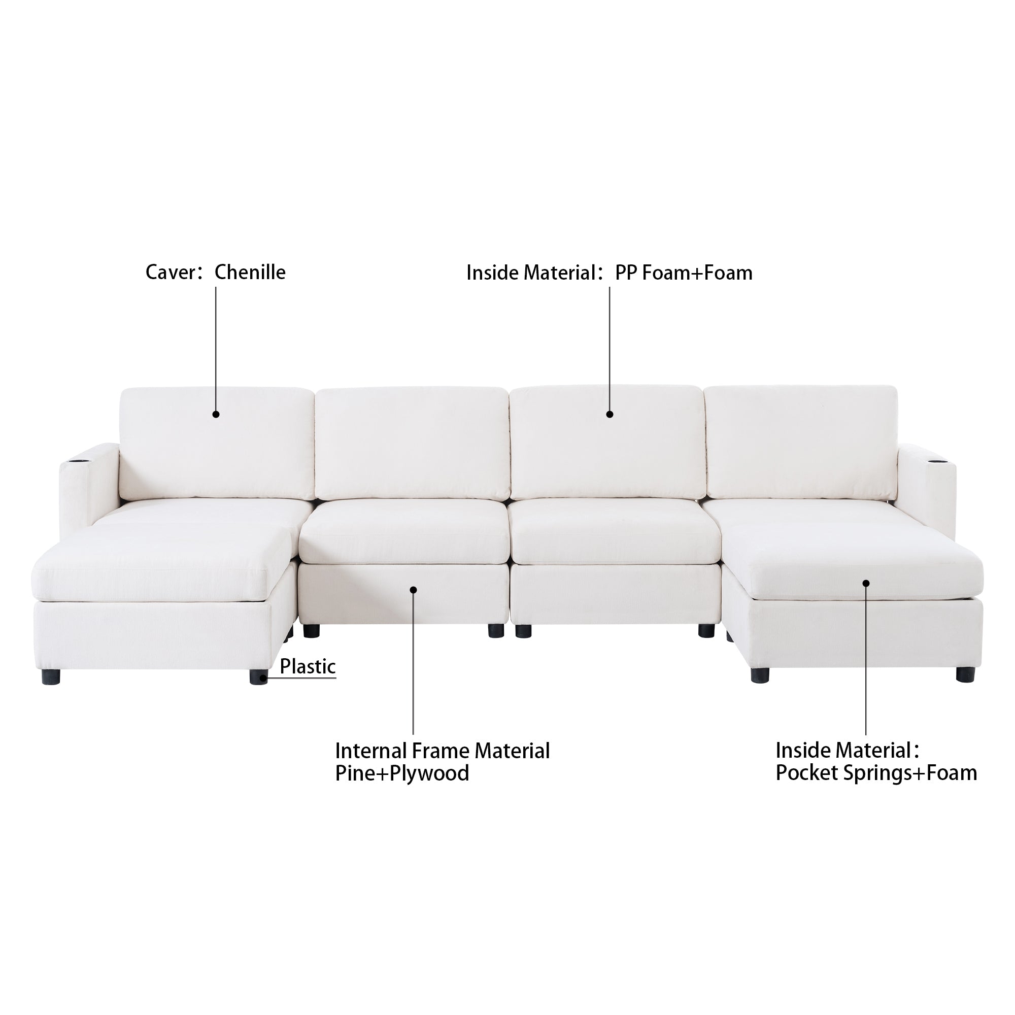 Modern Oversized Sectional Sofa, U-Shape Modular Sectional Couch w/ Storage, 123 Convertible Sofa w/ Ottomans, 6-Seater Sectional Chaise for Living Room, White Chenille