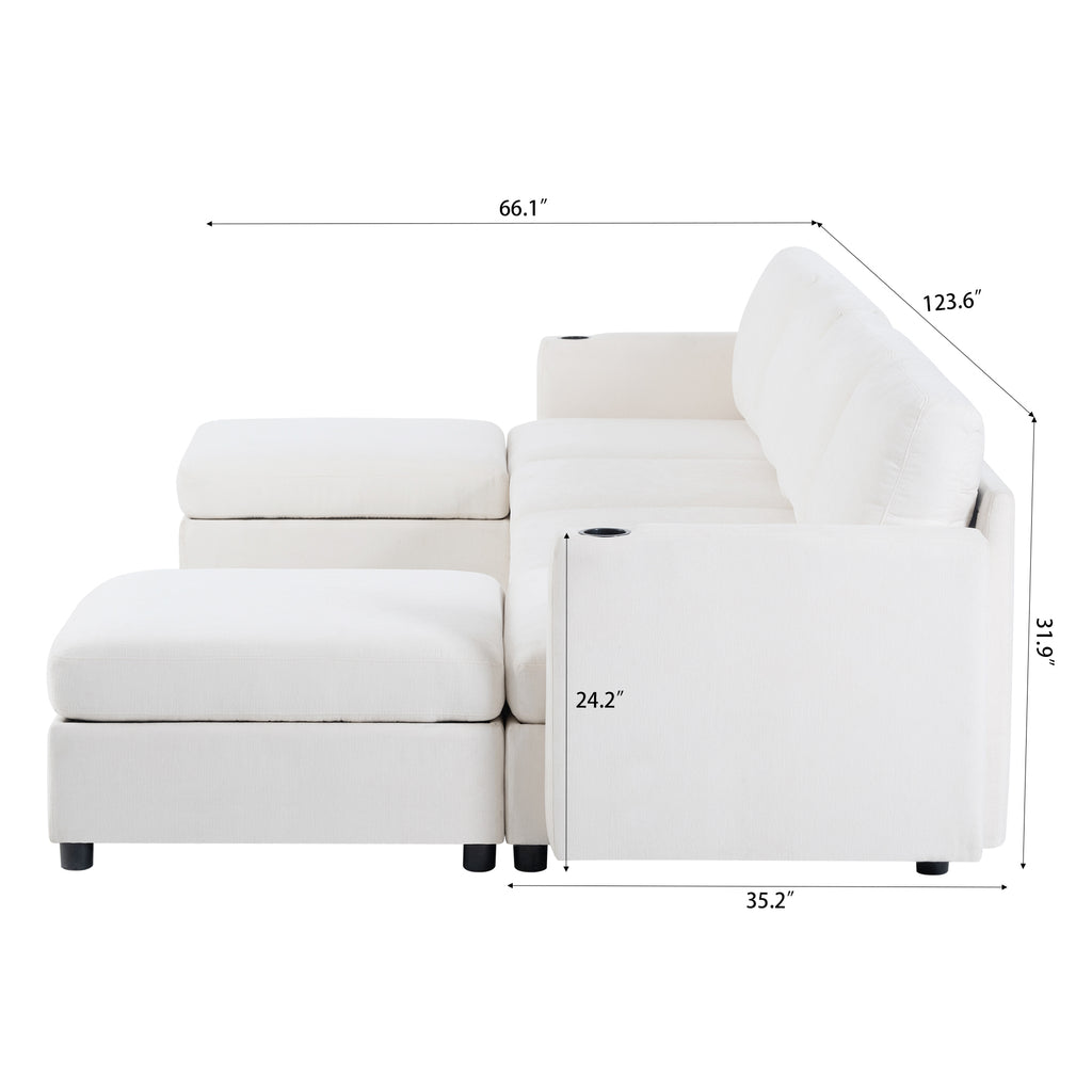 Modern Oversized Sectional Sofa, U-Shape Modular Sectional Couch w/ Storage, 123 Convertible Sofa w/ Ottomans, 6-Seater Sectional Chaise for Living Room, White Chenille
