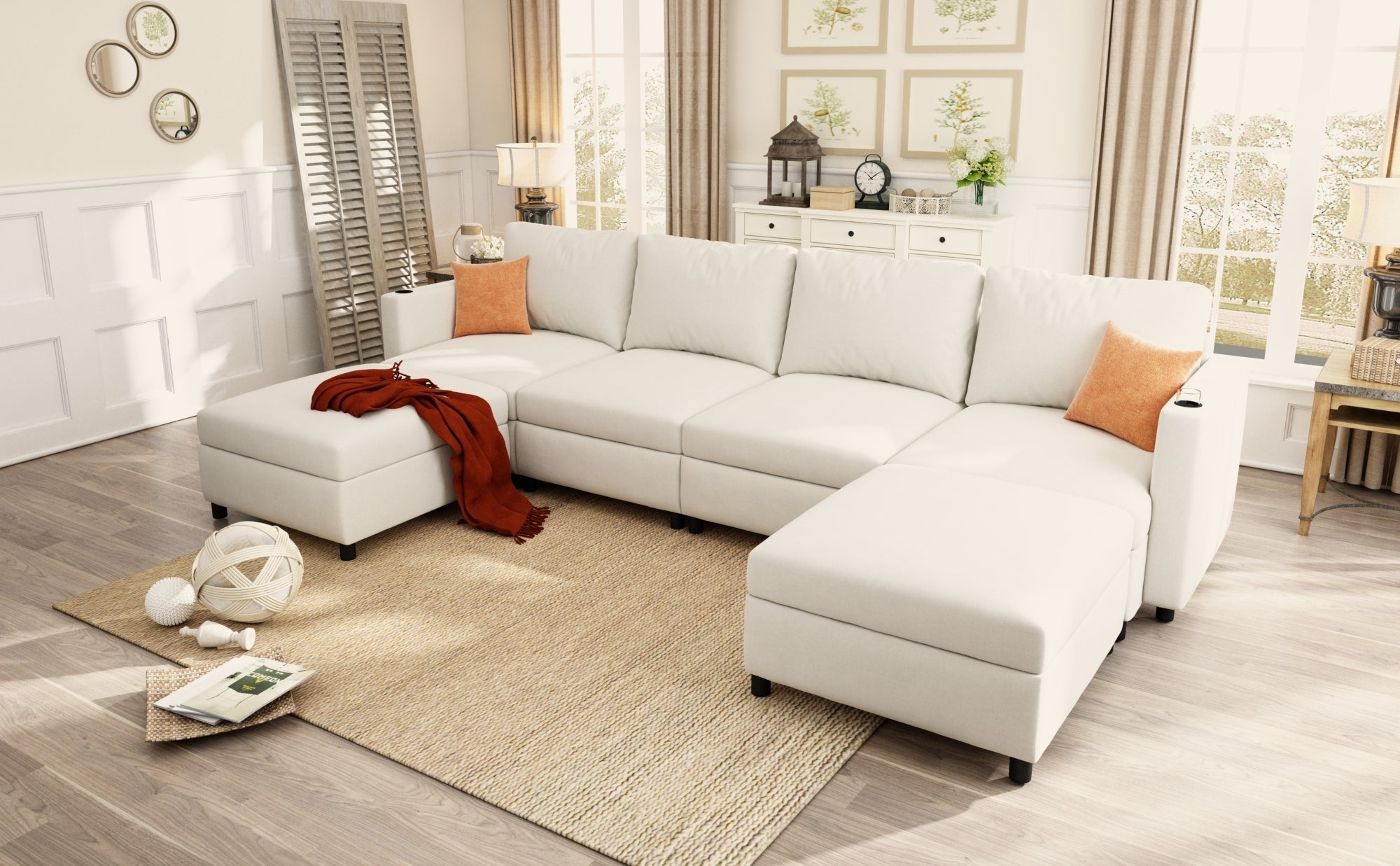 Modern Oversized Sectional Sofa, U-Shape Modular Sectional Couch w/ Storage, 123 Convertible Sofa w/ Ottomans, 6-Seater Sectional Chaise for Living Room, White Chenille
