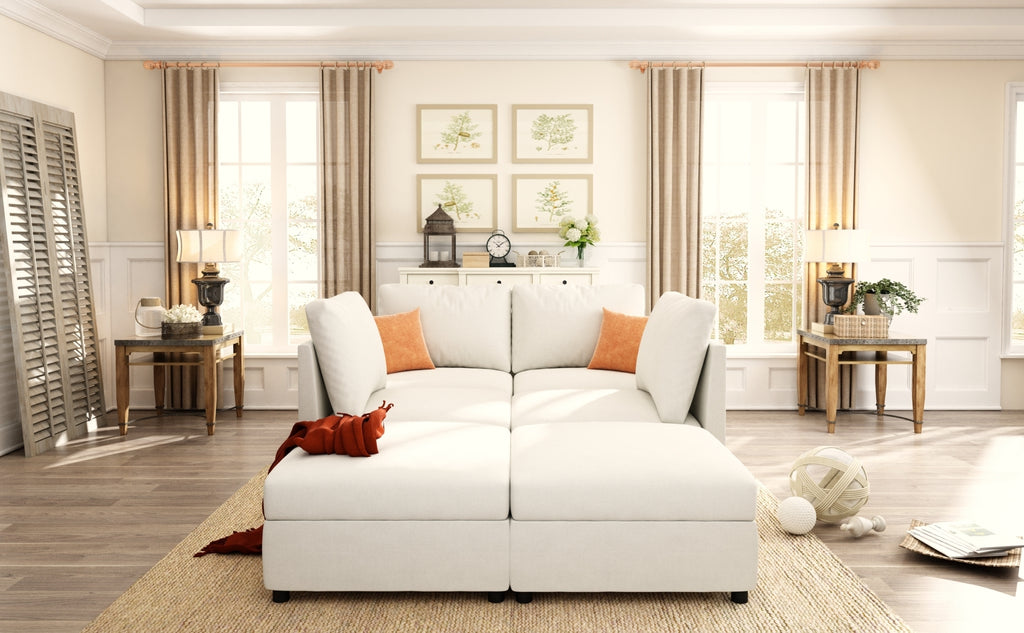 Modern Oversized Sectional Sofa, U-Shape Modular Sectional Couch w/ Storage, 123 Convertible Sofa w/ Ottomans, 6-Seater Sectional Chaise for Living Room, White Chenille