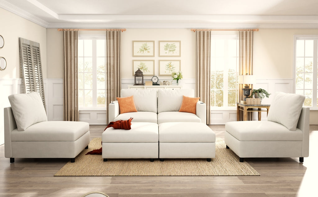Modern Oversized Sectional Sofa, U-Shape Modular Sectional Couch w/ Storage, 123 Convertible Sofa w/ Ottomans, 6-Seater Sectional Chaise for Living Room, White Chenille