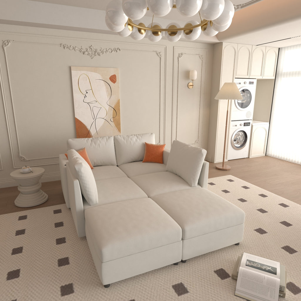 Modern Oversized Sectional Sofa, U-Shape Modular Sectional Couch w/ Storage, 123 Convertible Sofa w/ Ottomans, 6-Seater Sectional Chaise for Living Room, White Chenille