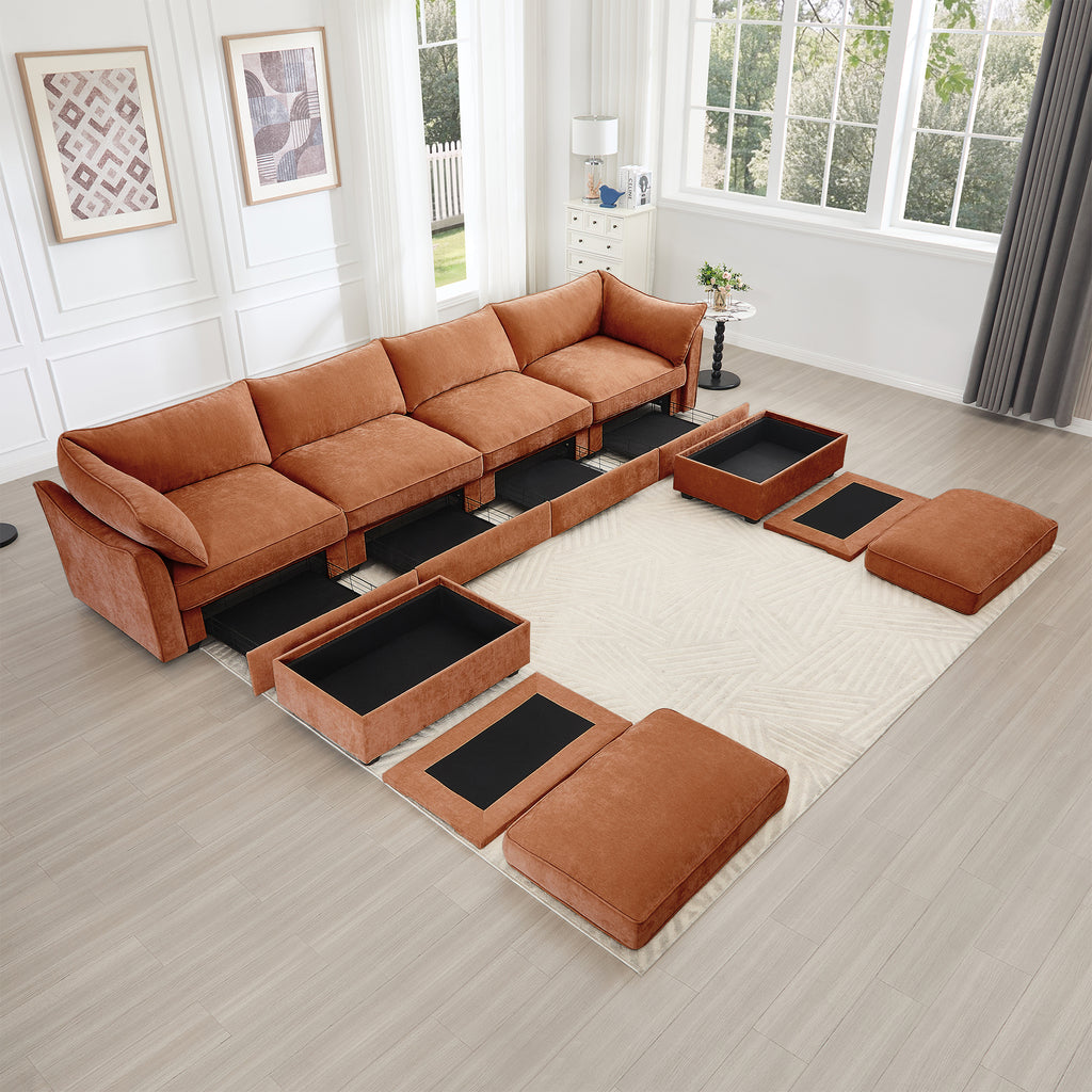 U Shape 4 Seater Deep Seat Sofa Couch with Ottomans,4-Seat Sofa with with 2 Movable Ottomans,, Oversized Modular Sectional Sofa with 6 Seats and Storage Pull out Drawer Under Each Seat,Chenille Orang