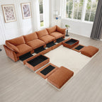 U Shape 4 Seater Deep Seat Sofa Couch with Ottomans,4-Seat Sofa with with 2 Movable Ottomans,, Oversized Modular Sectional Sofa with 6 Seats and Storage Pull out Drawer Under Each Seat,Chenille Orang