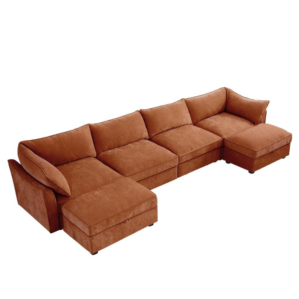 U Shape 4 Seater Deep Seat Sofa Couch with Ottomans,4-Seat Sofa with with 2 Movable Ottomans,, Oversized Modular Sectional Sofa with 6 Seats and Storage Pull out Drawer Under Each Seat,Chenille Orang