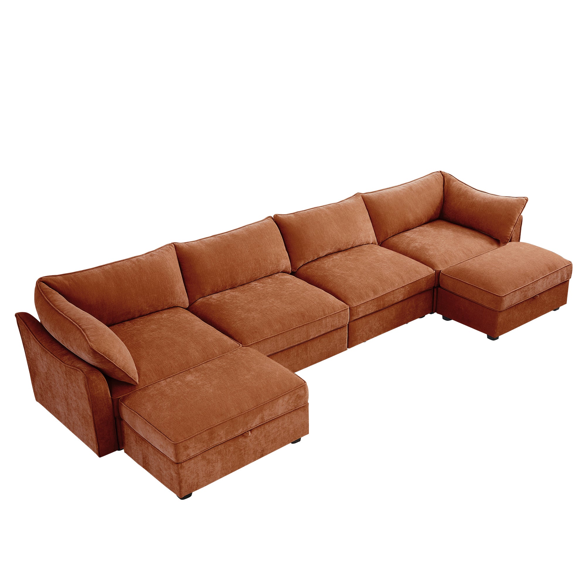 U Shape 4 Seater Deep Seat Sofa Couch with Ottomans,4-Seat Sofa with with 2 Movable Ottomans,, Oversized Modular Sectional Sofa with 6 Seats and Storage Pull out Drawer Under Each Seat,Chenille Orang