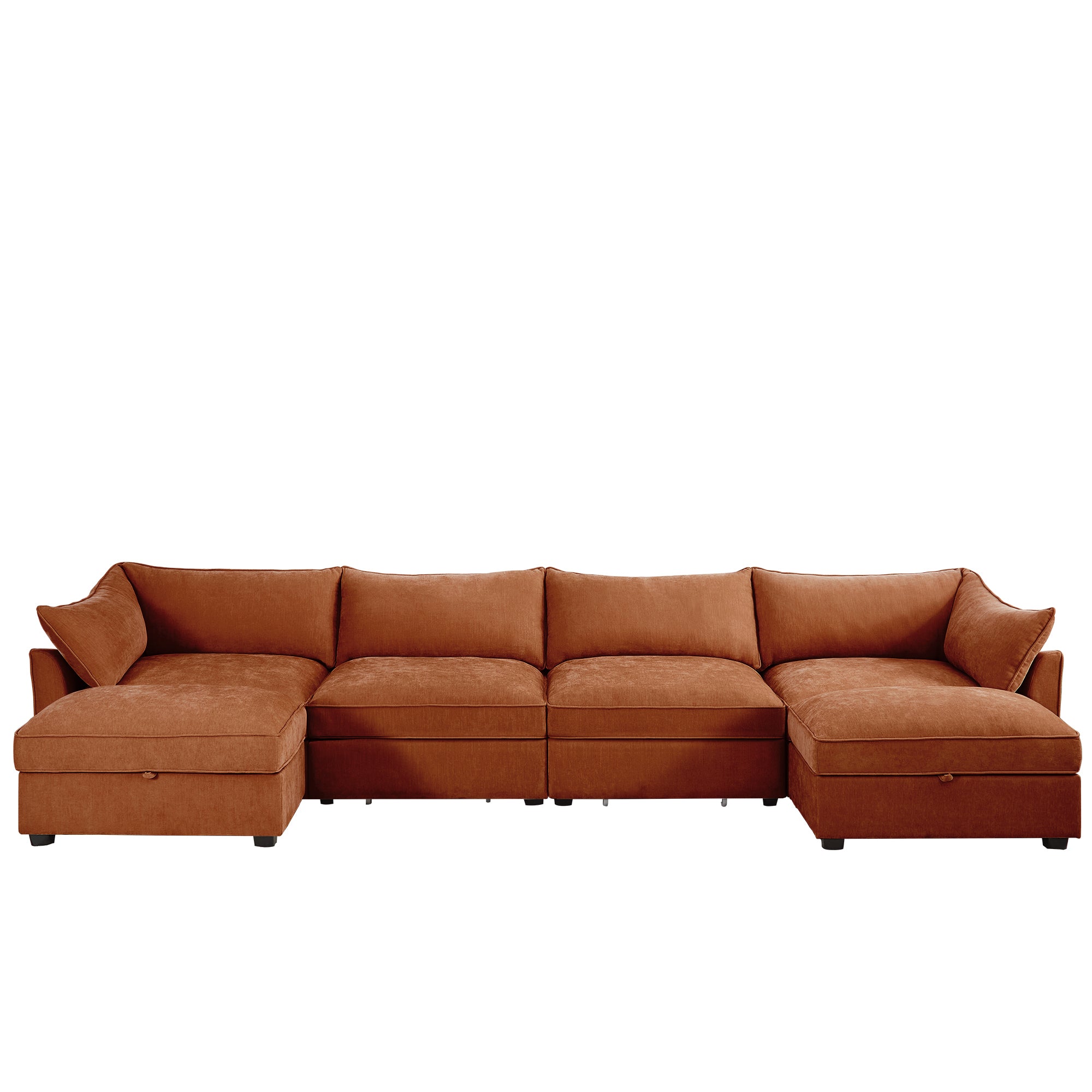 U Shape 4 Seater Deep Seat Sofa Couch with Ottomans,4-Seat Sofa with with 2 Movable Ottomans,, Oversized Modular Sectional Sofa with 6 Seats and Storage Pull out Drawer Under Each Seat,Chenille Orang
