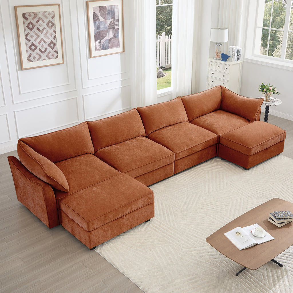 U Shape 4 Seater Deep Seat Sofa Couch with Ottomans,4-Seat Sofa with with 2 Movable Ottomans,, Oversized Modular Sectional Sofa with 6 Seats and Storage Pull out Drawer Under Each Seat,Chenille Orang