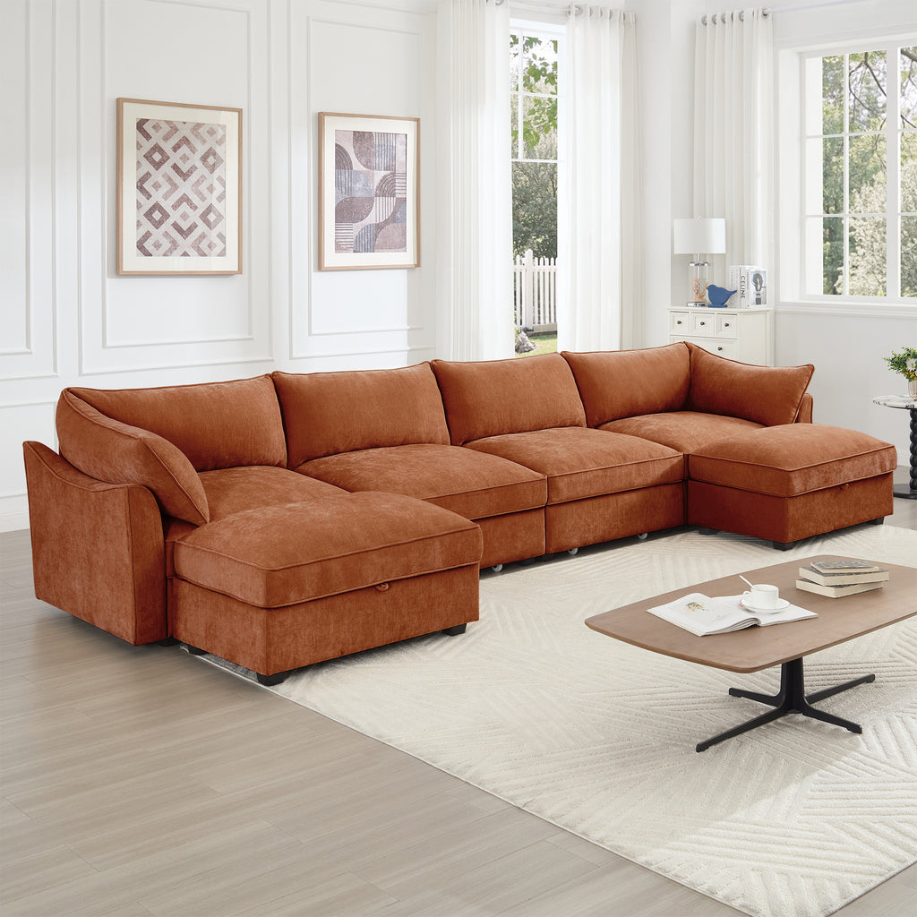 U Shape 4 Seater Deep Seat Sofa Couch with Ottomans,4-Seat Sofa with with 2 Movable Ottomans,, Oversized Modular Sectional Sofa with 6 Seats and Storage Pull out Drawer Under Each Seat,Chenille Orang