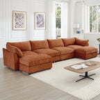 U Shape 4 Seater Deep Seat Sofa Couch with Ottomans,4-Seat Sofa with with 2 Movable Ottomans,, Oversized Modular Sectional Sofa with 6 Seats and Storage Pull out Drawer Under Each Seat,Chenille Orang