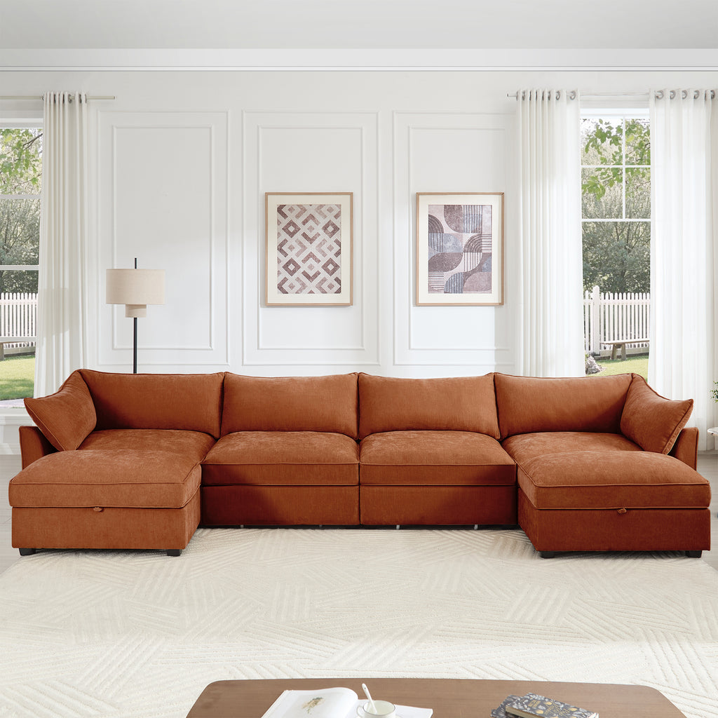 U Shape 4 Seater Deep Seat Sofa Couch with Ottomans,4-Seat Sofa with with 2 Movable Ottomans,, Oversized Modular Sectional Sofa with 6 Seats and Storage Pull out Drawer Under Each Seat,Chenille Orang