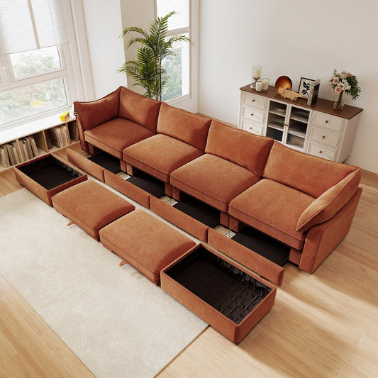 U Shape 4 Seater Deep Seat Sofa Couch with Ottomans,4-Seat Sofa with with 2 Movable Ottomans,, Oversized Modular Sectional Sofa with 6 Seats and Storage Pull out Drawer Under Each Seat,Chenille Orang