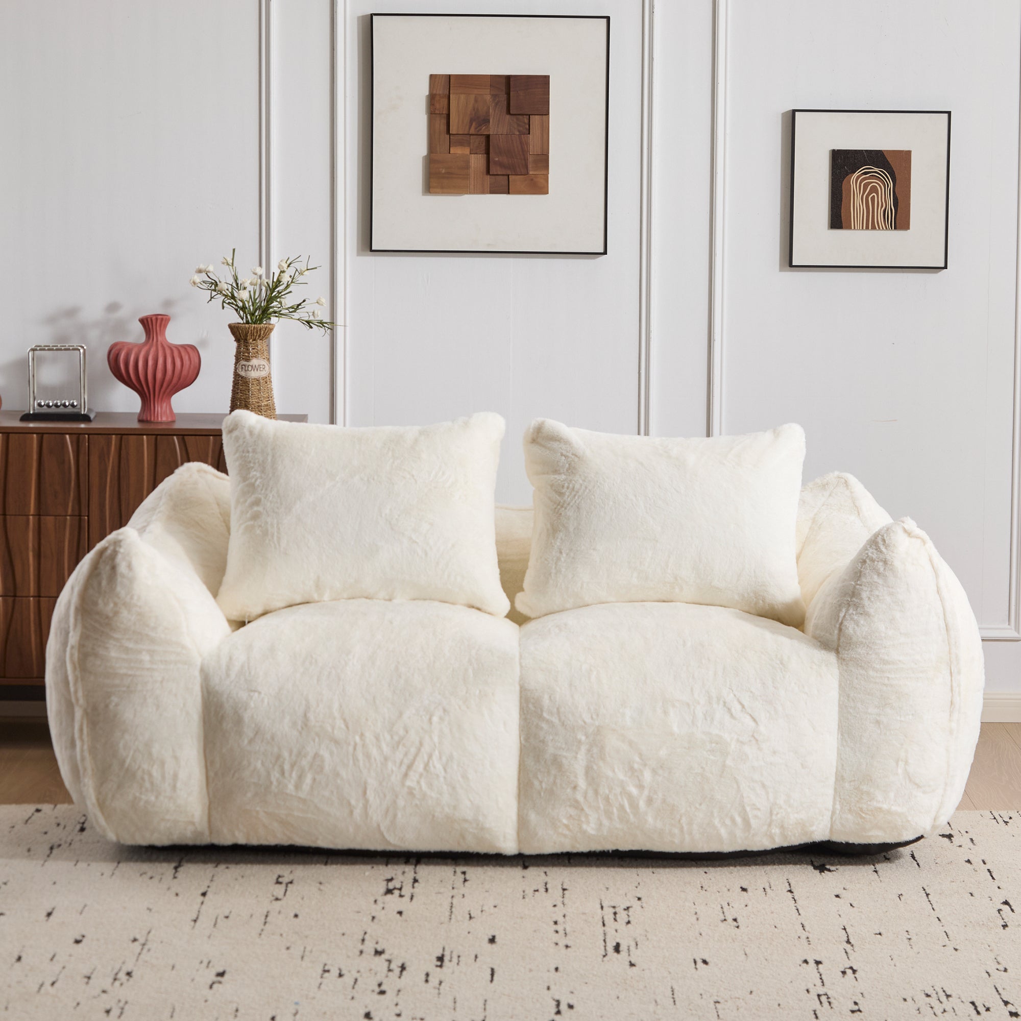 Giant Bean Bag Couch for Adults, Ultra Soft Fluffy Loveseat Bean Bag Sofa, Oversized Chase Lounge Chair Indoor for Living Room Bedroom, No Assembly Required Cozy Reading Chair with Pillows, White