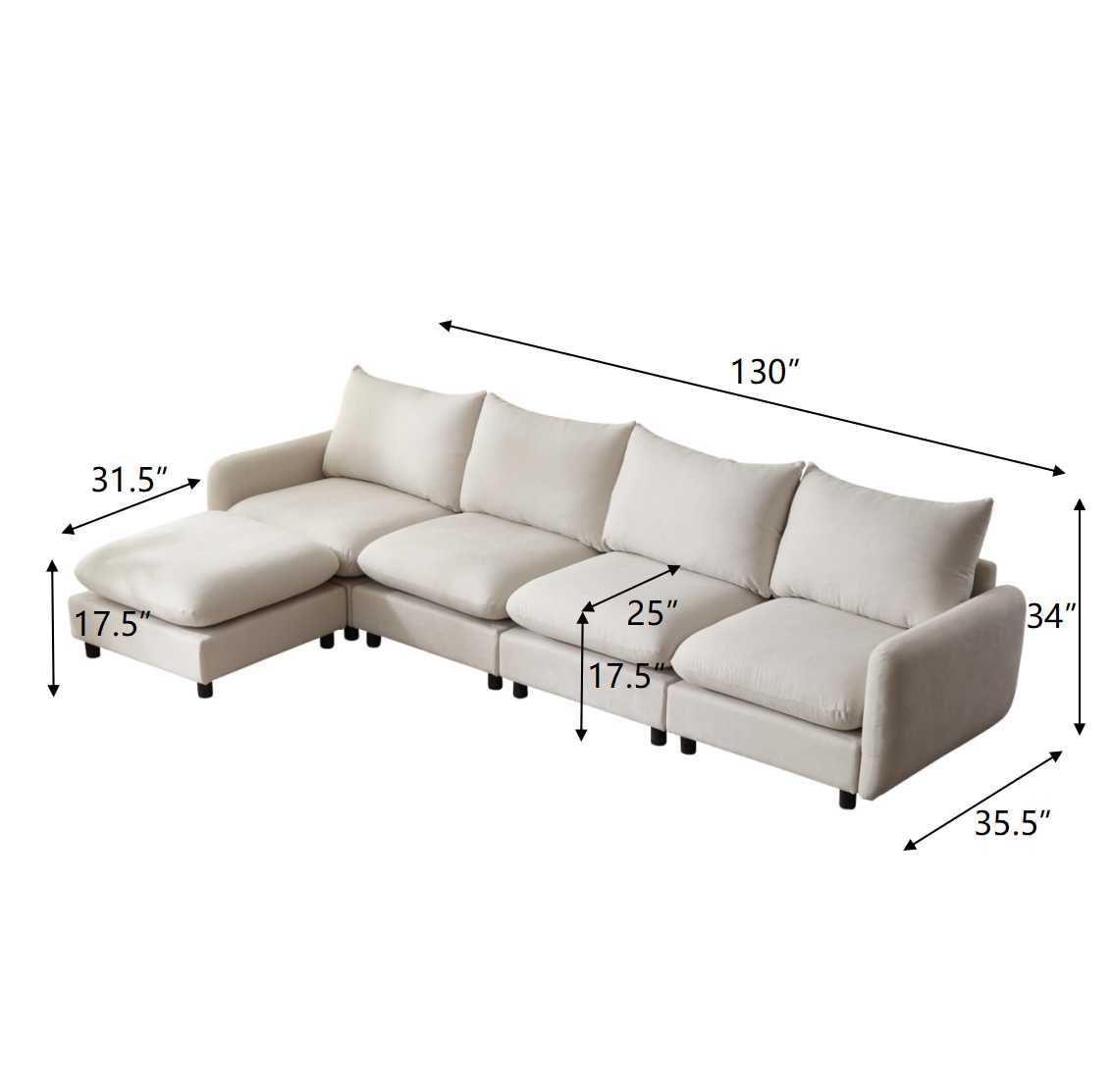 130 in. oversize 5-Piece L Shaped Modular Free Combination Sectional Sofa Couch with Ottoman for Living Room and Spacious Space Sectional Sofa