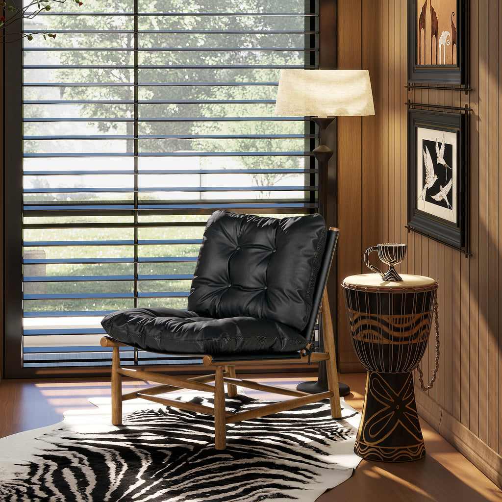 Oxford 26.5' Leather Mid-Century Modern Accent Chair, Noir Black Leather