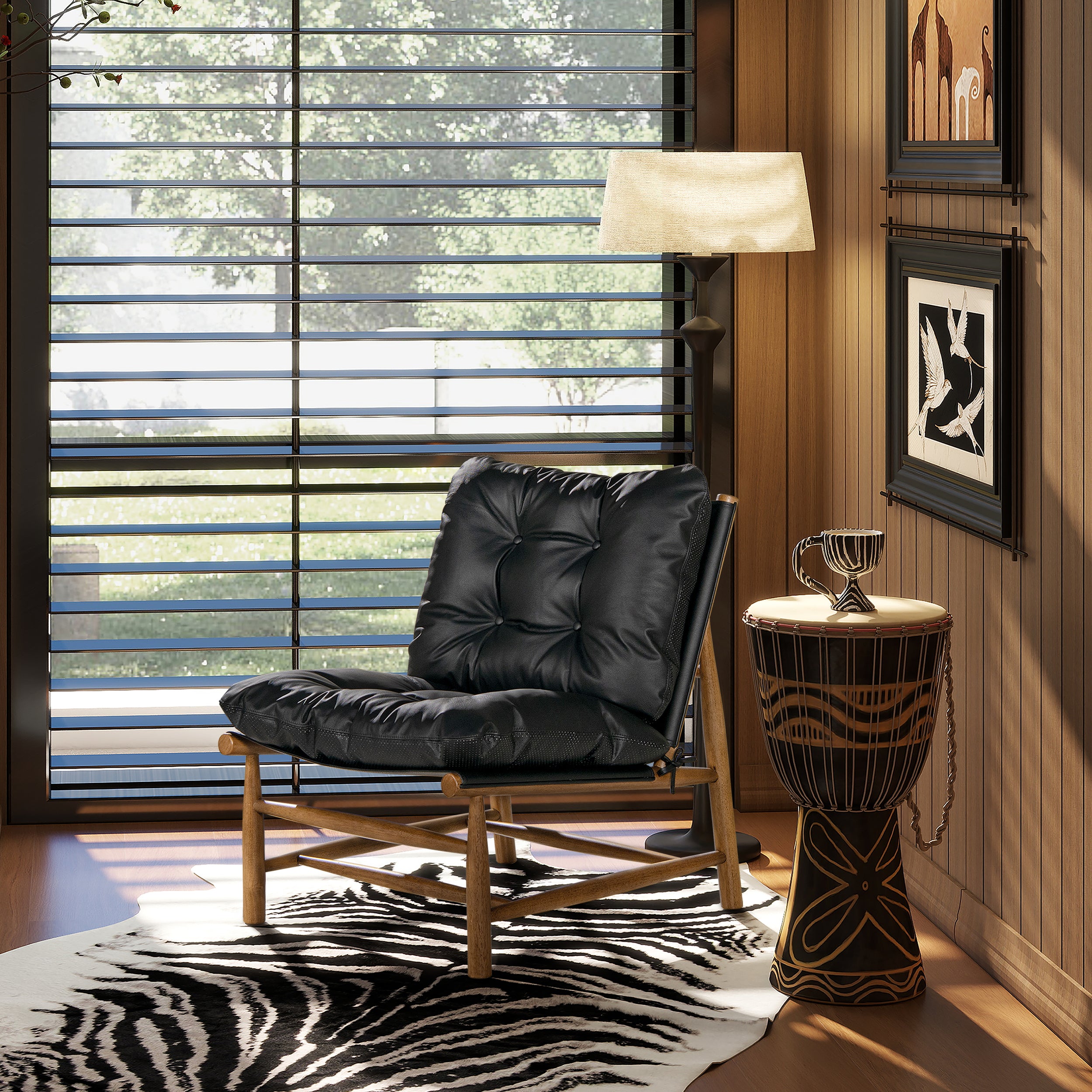 Oxford 26.5' Leather Mid-Century Modern Accent Chair, Noir Black Leather
