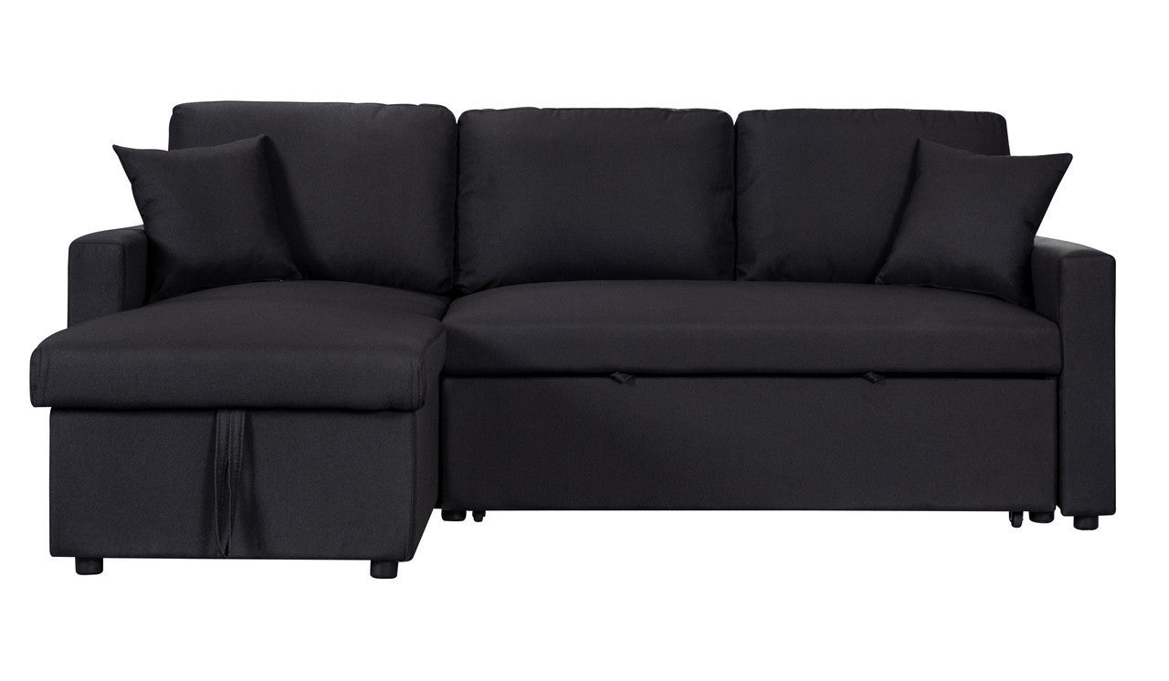 Paisley 82 Black Linen Fabric Reversible Sleeper Sectional Sofa with Storage Chaise