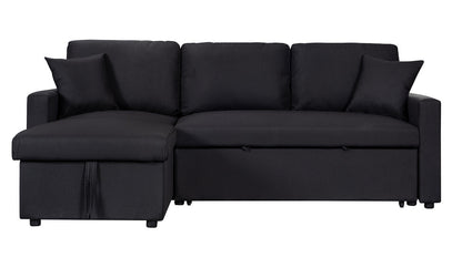 Paisley 82 Black Linen Fabric Reversible Sleeper Sectional Sofa with Storage Chaise
