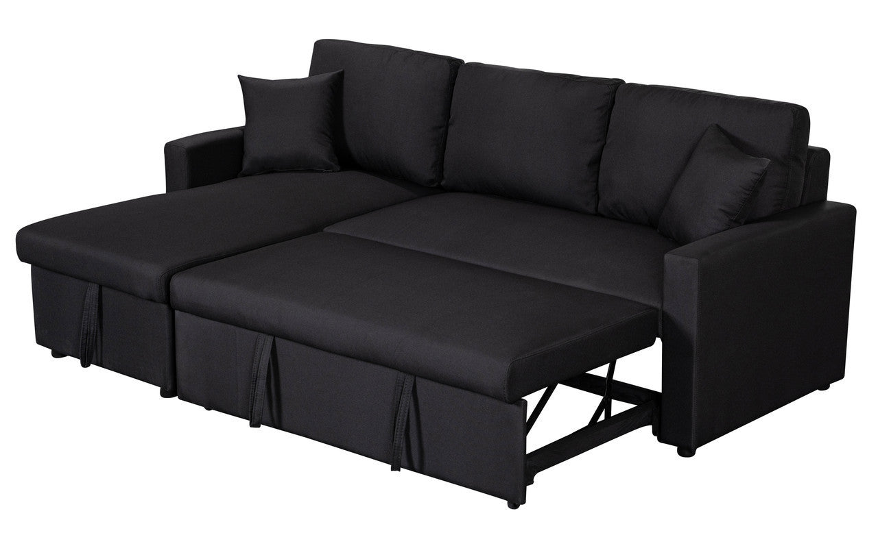 Paisley 82 Black Linen Fabric Reversible Sleeper Sectional Sofa with Storage Chaise