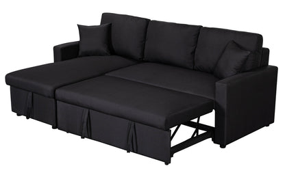 Paisley 82 Black Linen Fabric Reversible Sleeper Sectional Sofa with Storage Chaise
