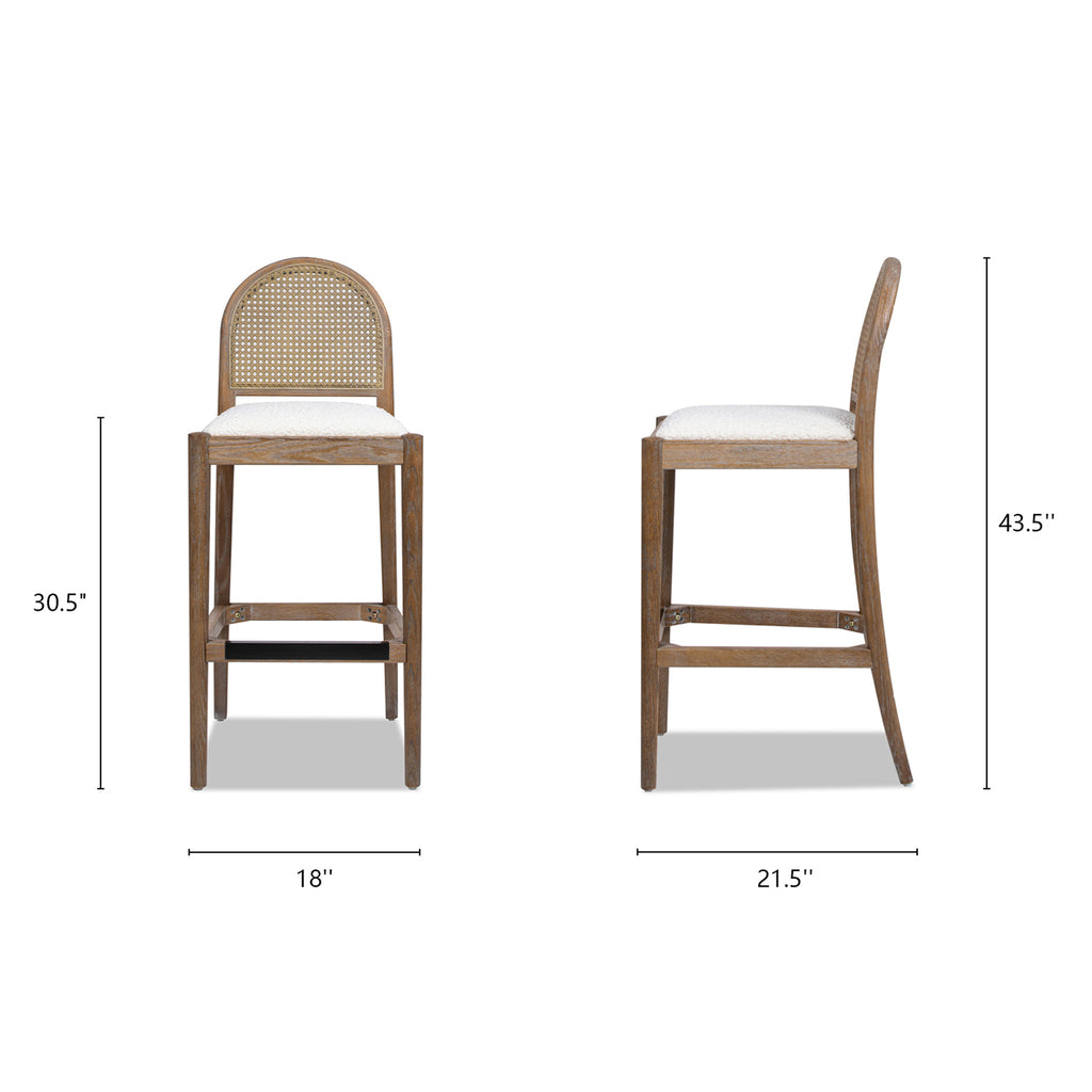 Panama 30.5' Curved Back Cane Rattan Bar Stool, Set of 2, Ivory White Boucle