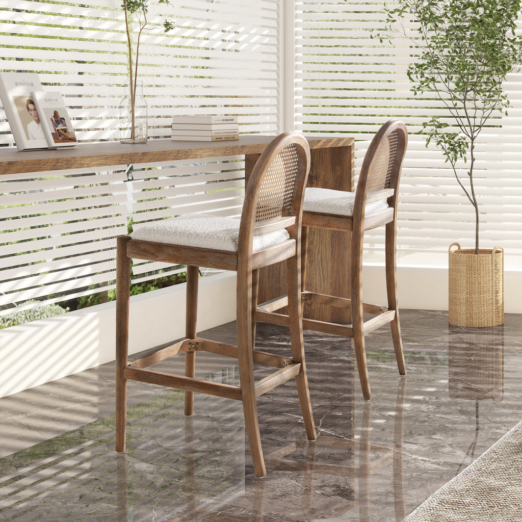 Panama 30.5' Curved Back Cane Rattan Bar Stool, Set of 2, Ivory White Boucle