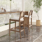 Panama 30.5' Curved Back Cane Rattan Bar Stool, Set of 2, Ivory White Boucle