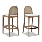 Panama 30.5' Curved Back Cane Rattan Bar Stool, Set of 2, Ivory White Boucle