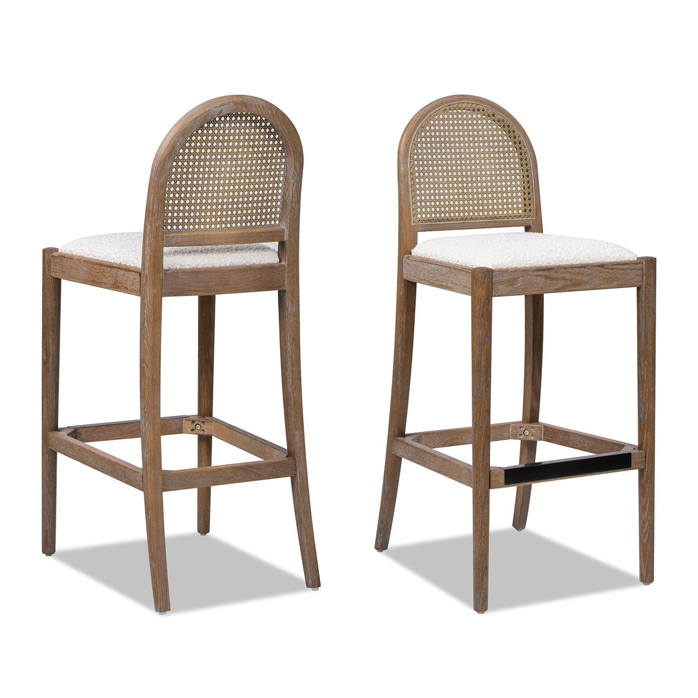 Panama 30.5' Curved Back Cane Rattan Bar Stool, Set of 2, Ivory White Boucle