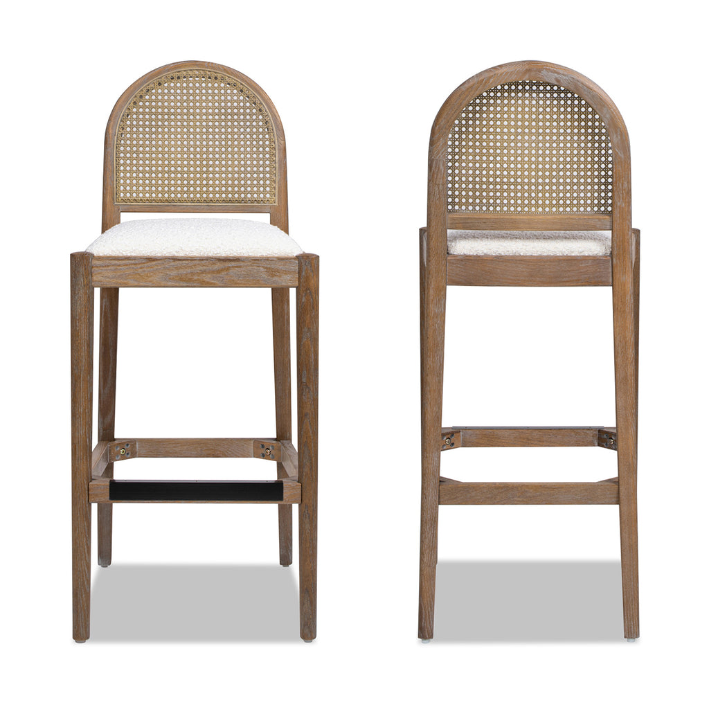 Panama 30.5' Curved Back Cane Rattan Bar Stool, Set of 2, Ivory White Boucle