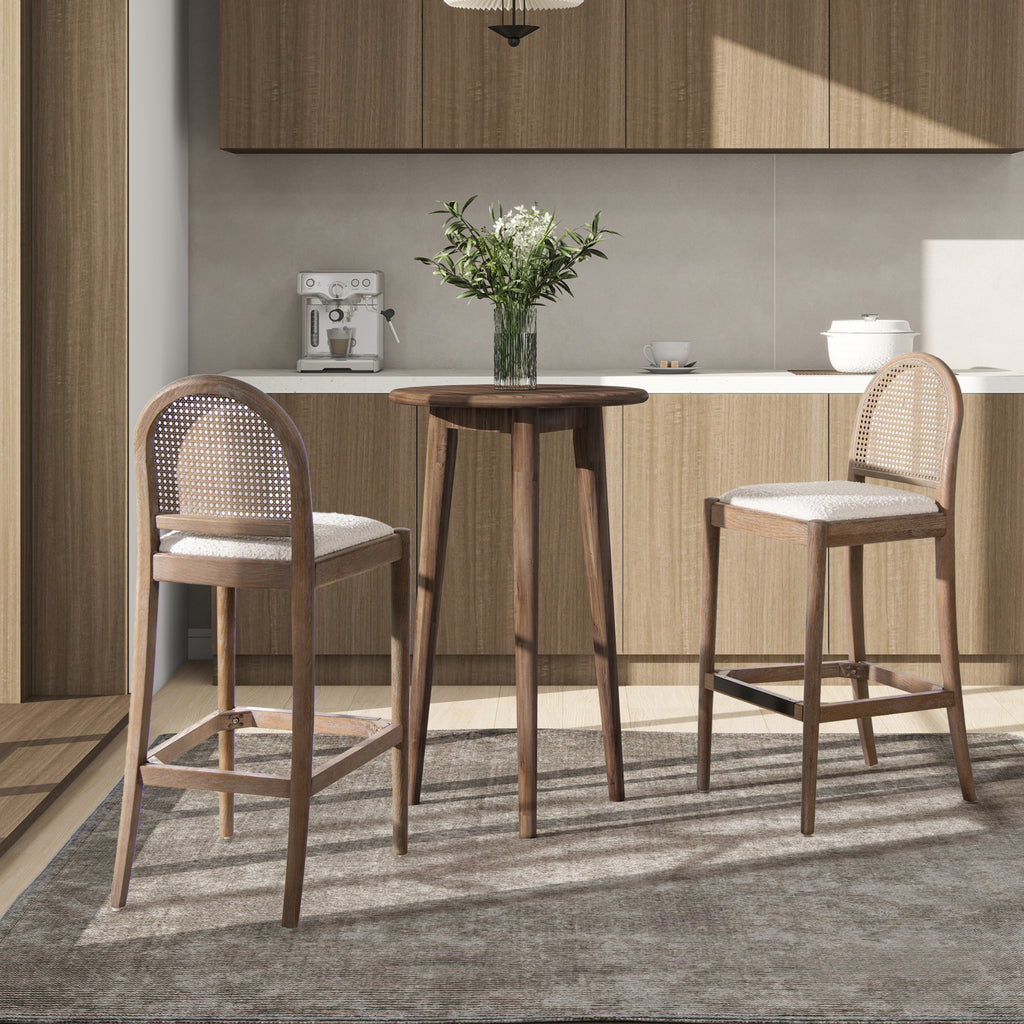 Panama 30.5' Curved Back Cane Rattan Bar Stool, Set of 2, Ivory White Boucle