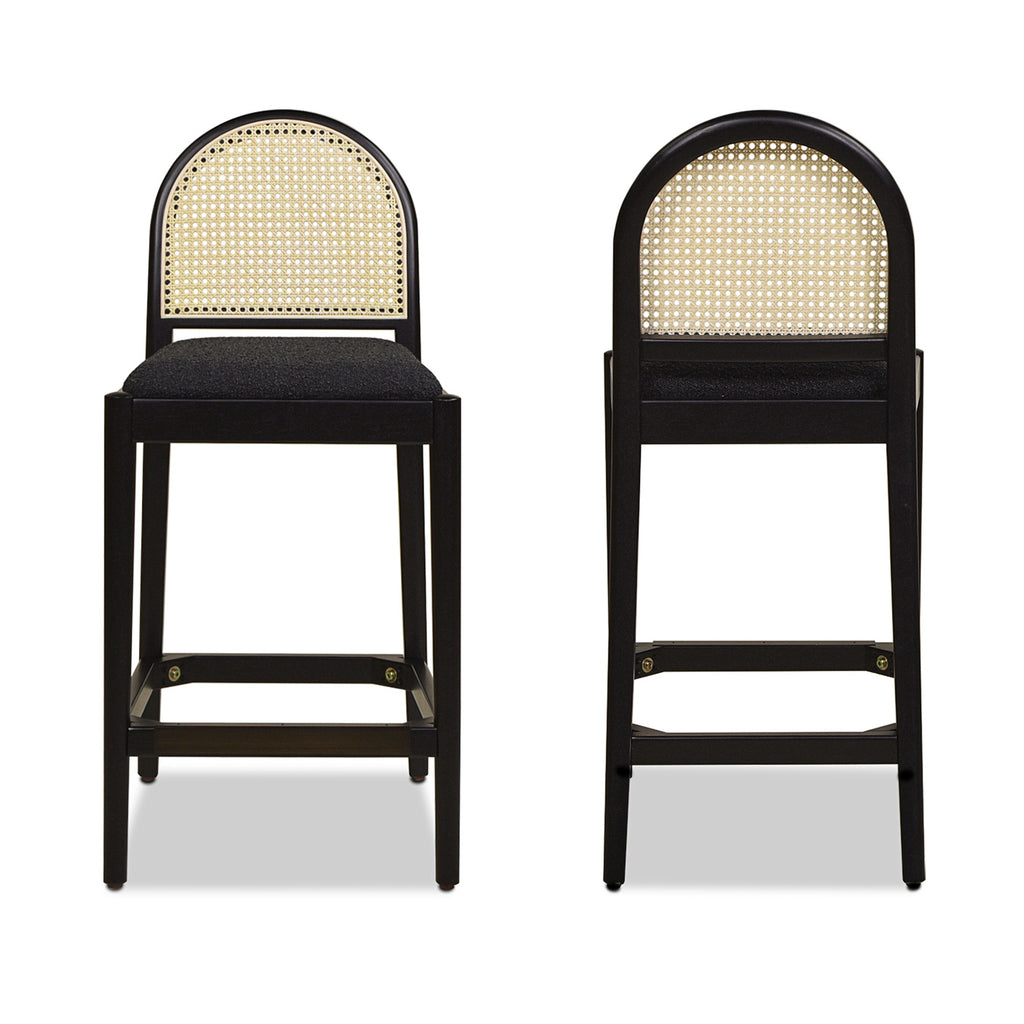 Panama 26.5' Curved Back Cane Rattan Counter Stool, Set of 2, Ebony Black Boucle