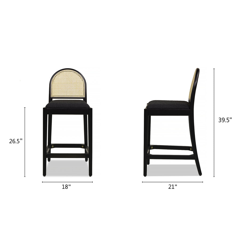 Panama 26.5' Curved Back Cane Rattan Counter Stool, Set of 2, Ebony Black Boucle