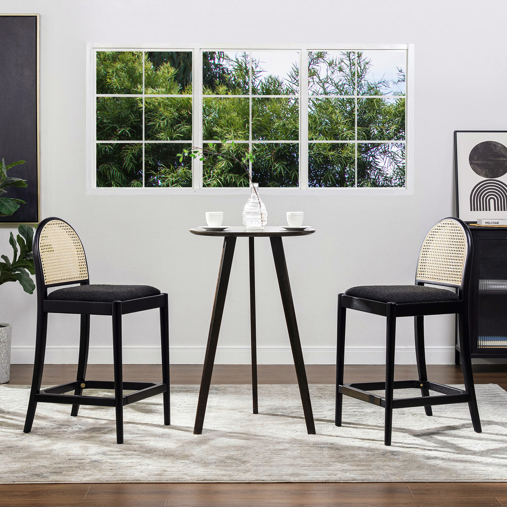 Panama 26.5' Curved Back Cane Rattan Counter Stool, Set of 2, Ebony Black Boucle
