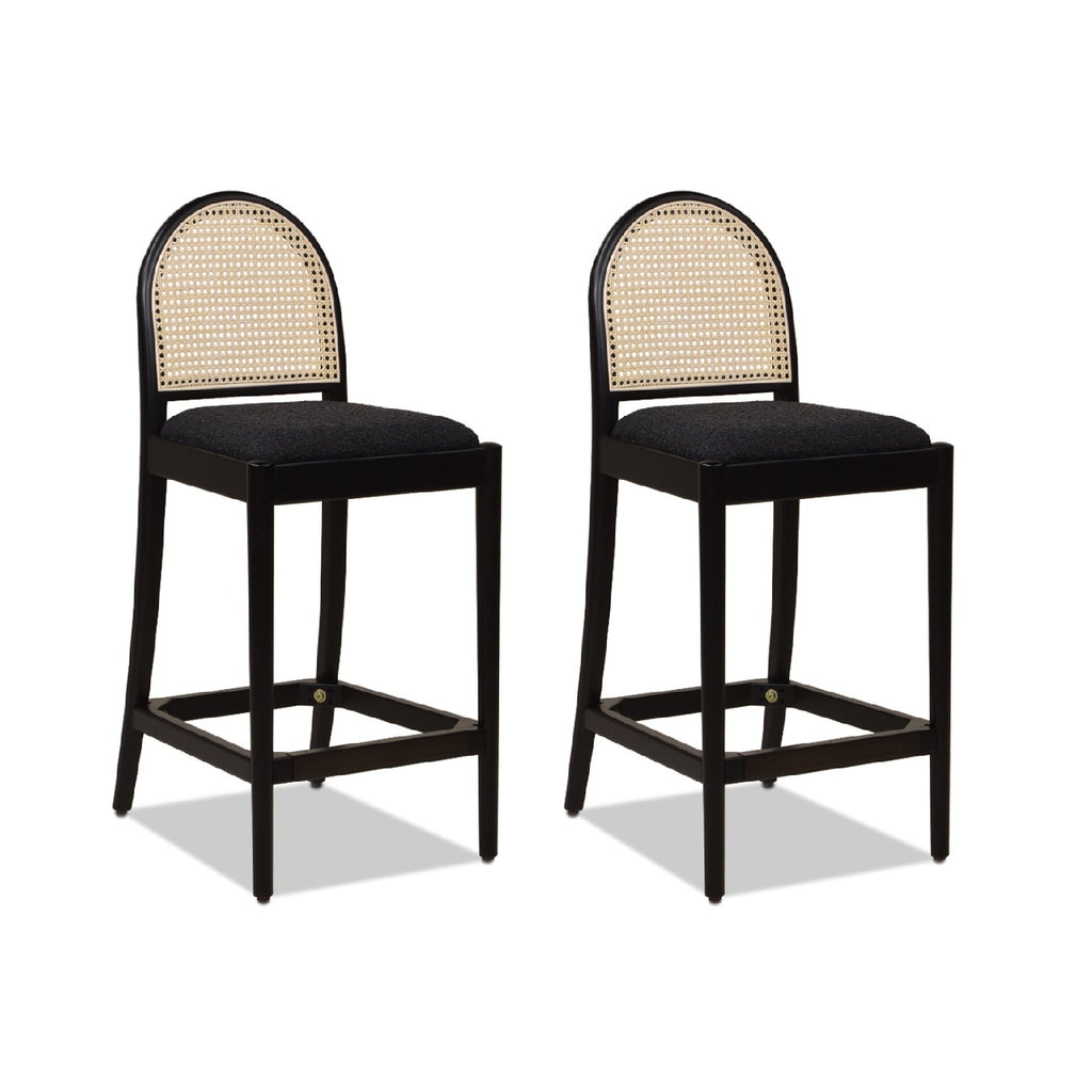 Panama 26.5' Curved Back Cane Rattan Counter Stool, Set of 2, Ebony Black Boucle